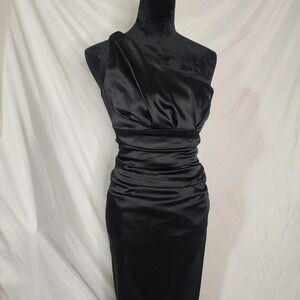 SUZI CHIN FOR MAGGY BOUTIQUE Size 2 Black Satin One Shoulder Ruched Party Dress